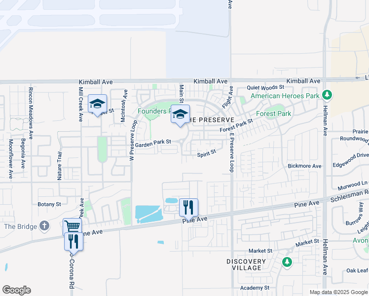 map of restaurants, bars, coffee shops, grocery stores, and more near 19567 Main Street in Chino