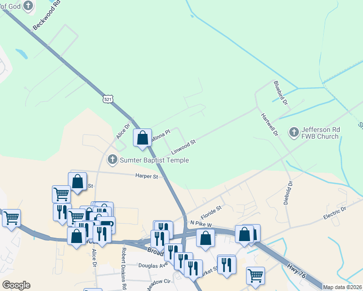 map of restaurants, bars, coffee shops, grocery stores, and more near 1502 Sage Street in Sumter