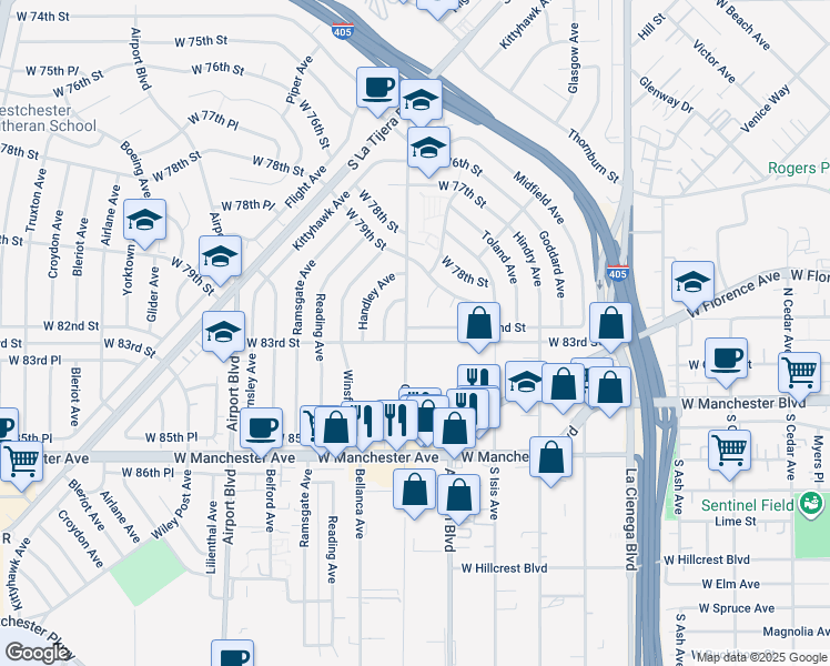 map of restaurants, bars, coffee shops, grocery stores, and more near 5586 West 82nd Street in Los Angeles