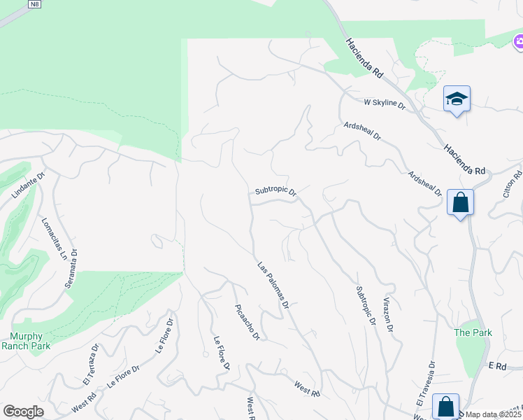 map of restaurants, bars, coffee shops, grocery stores, and more near 2290 Canonita Drive in La Habra Heights