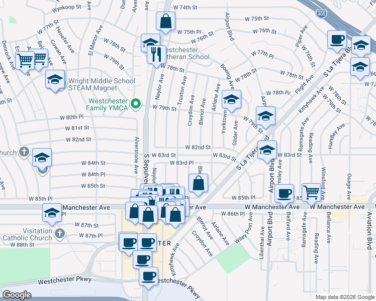 map of restaurants, bars, coffee shops, grocery stores, and more near 6132 West 82nd Street in Los Angeles
