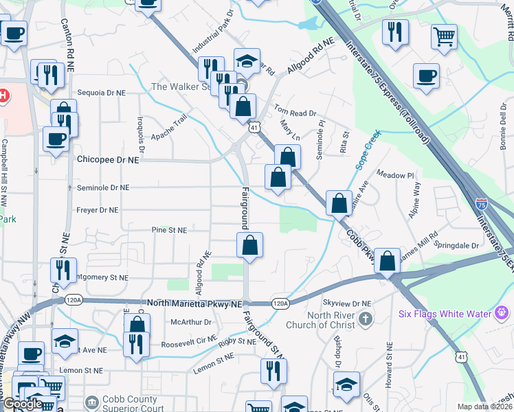 map of restaurants, bars, coffee shops, grocery stores, and more near 512 Fairground Street North in Marietta