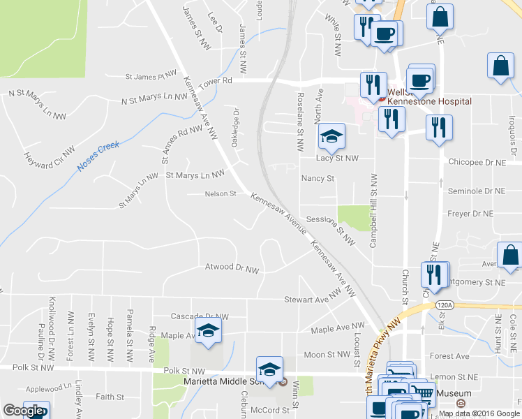 map of restaurants, bars, coffee shops, grocery stores, and more near 495 Chowning Place Northwest in Marietta