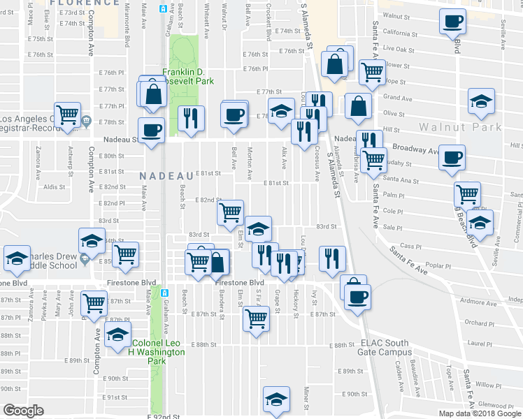 map of restaurants, bars, coffee shops, grocery stores, and more near 8219 Crockett Boulevard in Los Angeles