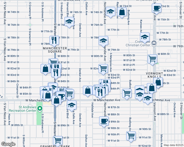 map of restaurants, bars, coffee shops, grocery stores, and more near 1501 West 83rd Street in Los Angeles
