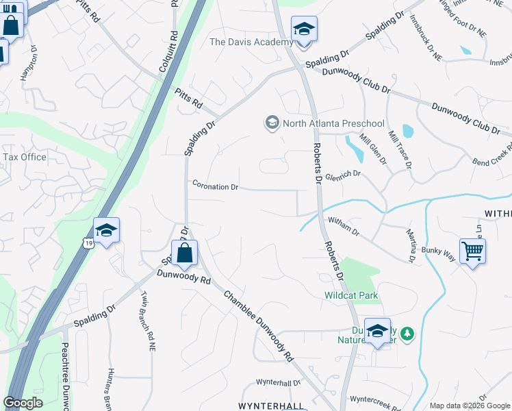 map of restaurants, bars, coffee shops, grocery stores, and more near 1106 Aurora Court in Dunwoody