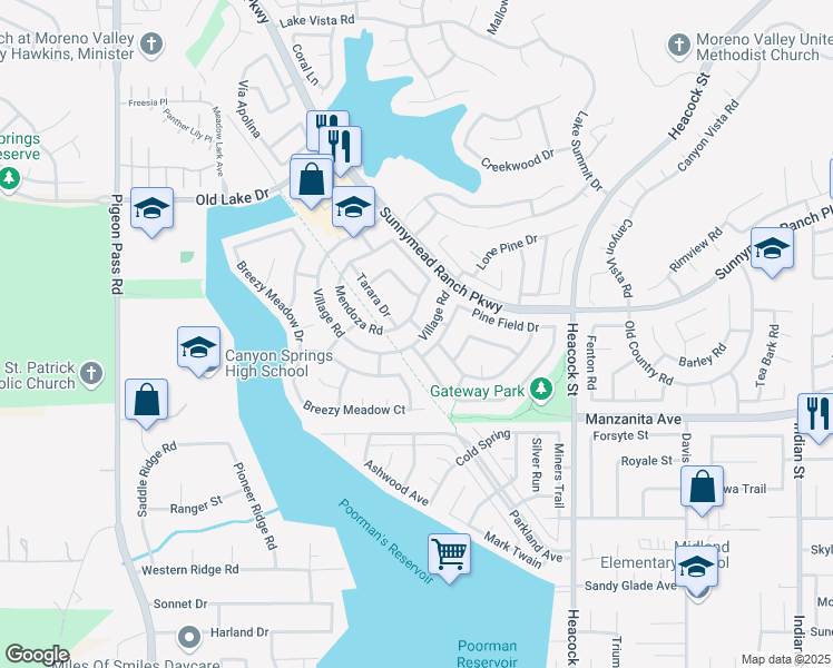 map of restaurants, bars, coffee shops, grocery stores, and more near 10900 Village Road in Moreno Valley