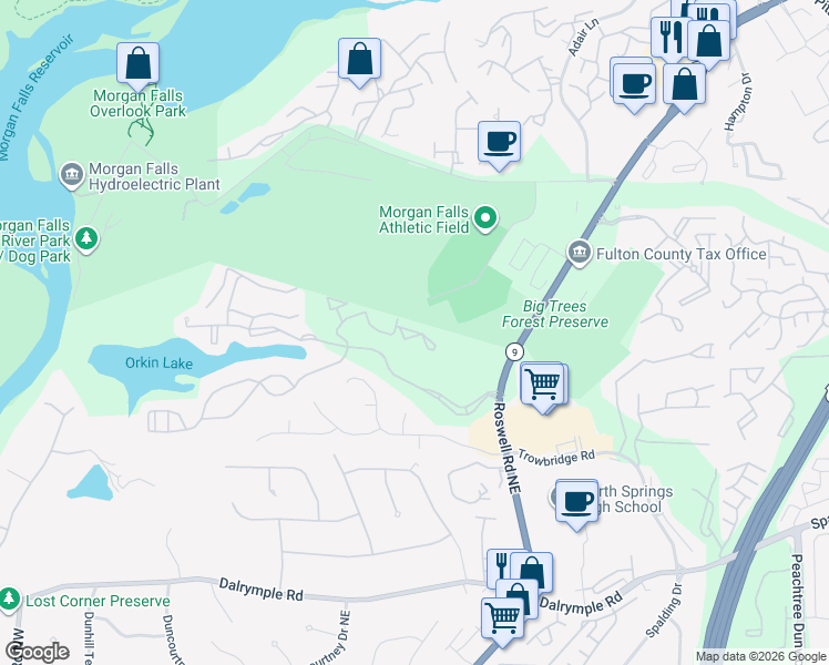 map of restaurants, bars, coffee shops, grocery stores, and more near 6203 Santa Fe Parkway in Sandy Springs
