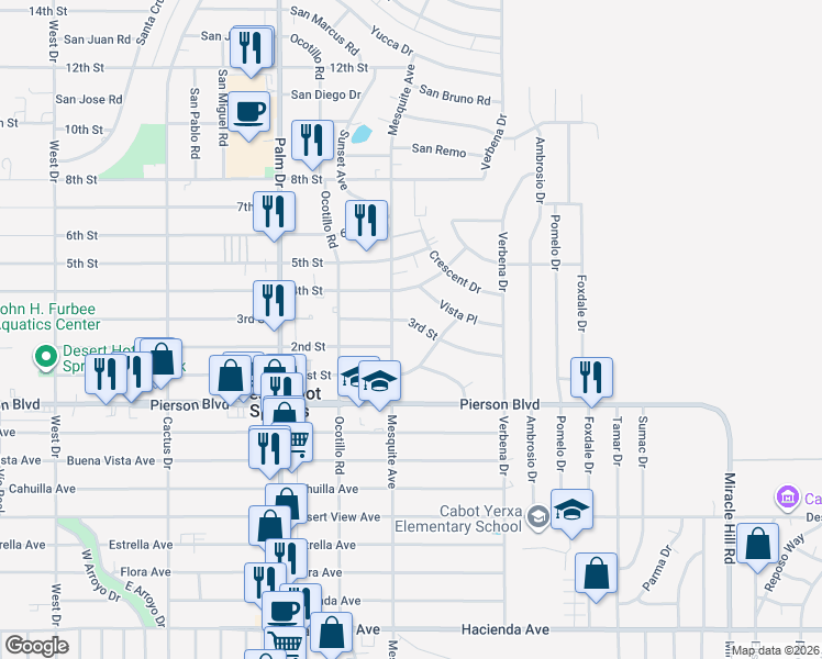 map of restaurants, bars, coffee shops, grocery stores, and more near 66795 3rd Street in Desert Hot Springs