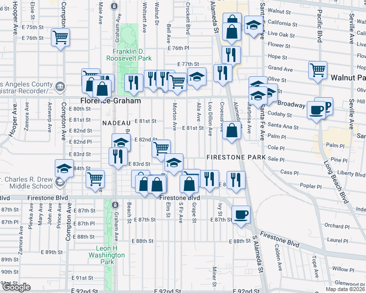 map of restaurants, bars, coffee shops, grocery stores, and more near 8219 Crockett Boulevard in Los Angeles