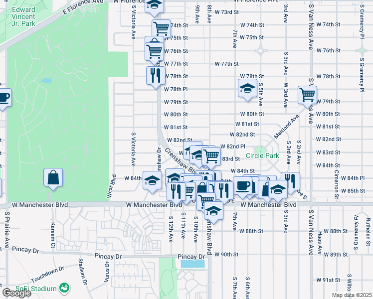 map of restaurants, bars, coffee shops, grocery stores, and more near 3223 West 83rd Street in Inglewood