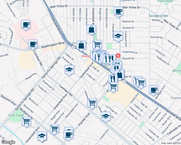 map of restaurants, bars, coffee shops, grocery stores, and more near 13018 Chestnut Street in Whittier