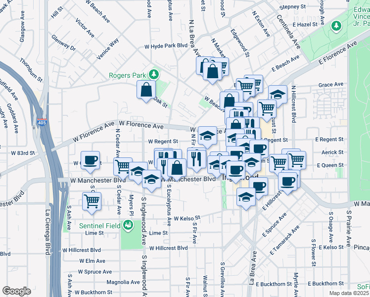map of restaurants, bars, coffee shops, grocery stores, and more near 212 West Regent Street in Inglewood