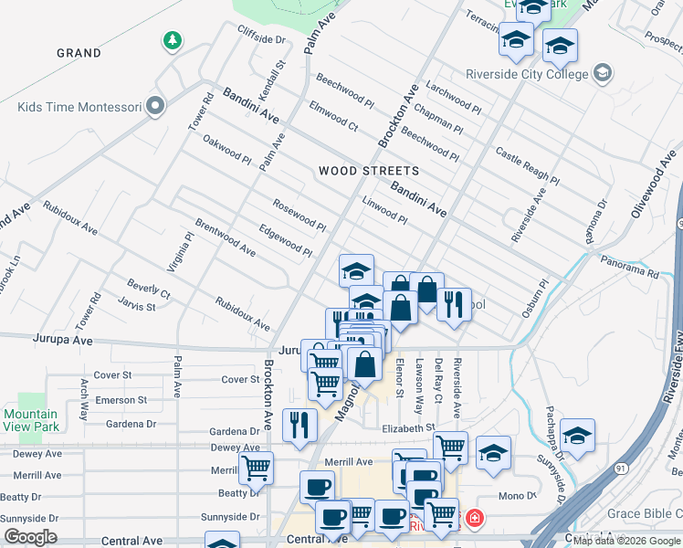 map of restaurants, bars, coffee shops, grocery stores, and more near 4032 Rosewood Place in Riverside