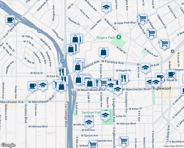 map of restaurants, bars, coffee shops, grocery stores, and more near 550 West Regent Street in Inglewood