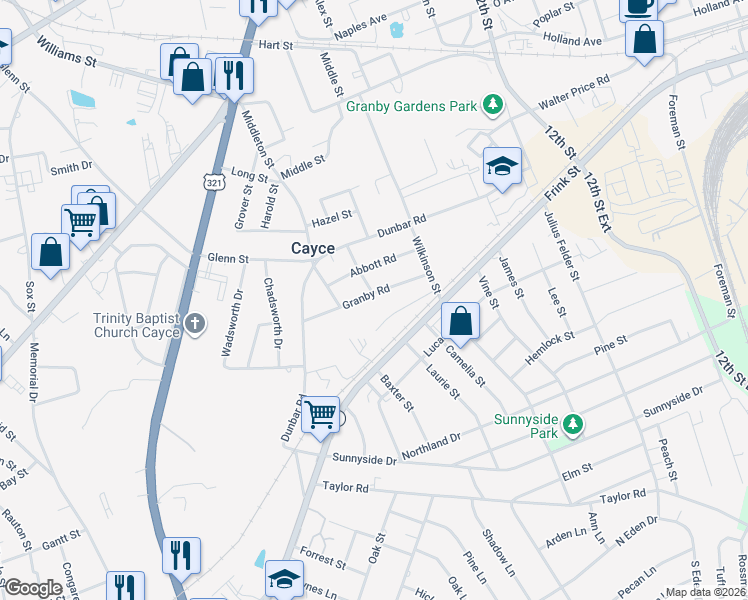 map of restaurants, bars, coffee shops, grocery stores, and more near 1601 Granby Road in Cayce
