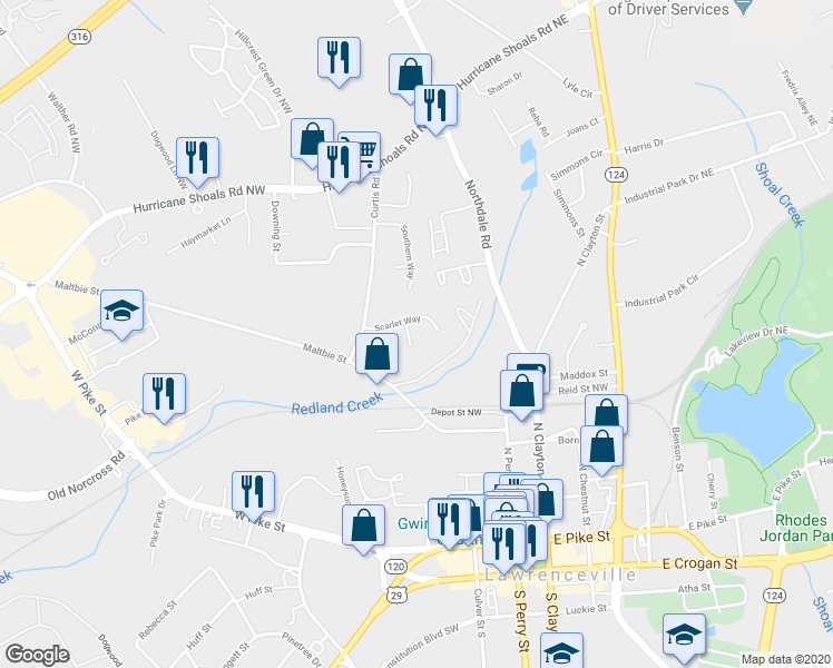 map of restaurants, bars, coffee shops, grocery stores, and more near 383 Dixie Court in Lawrenceville