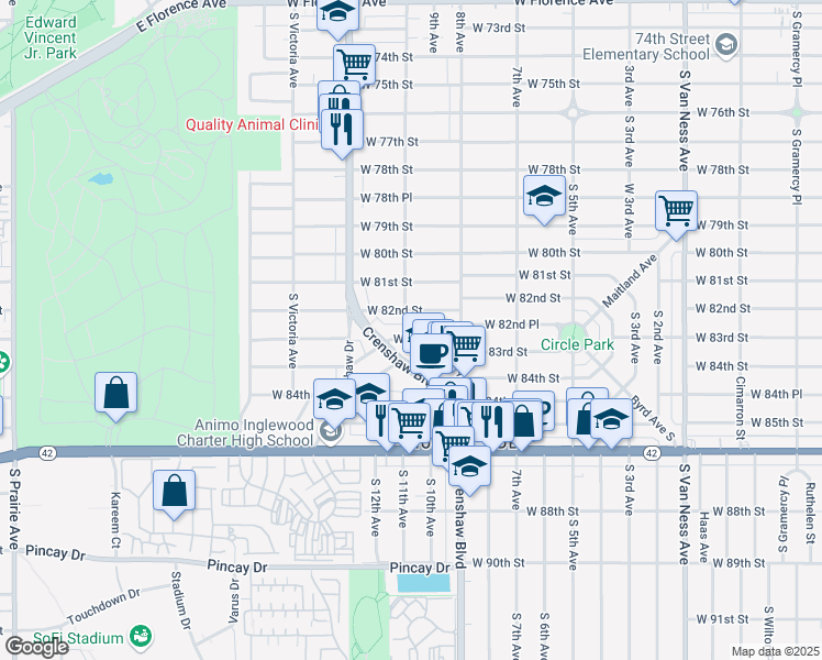 map of restaurants, bars, coffee shops, grocery stores, and more near 3223 West 83rd Street in Inglewood