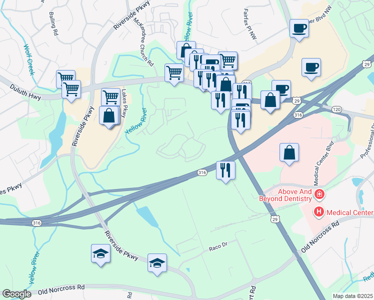 map of restaurants, bars, coffee shops, grocery stores, and more near 900 Lawrenceville-Suwanee Road in Lawrenceville