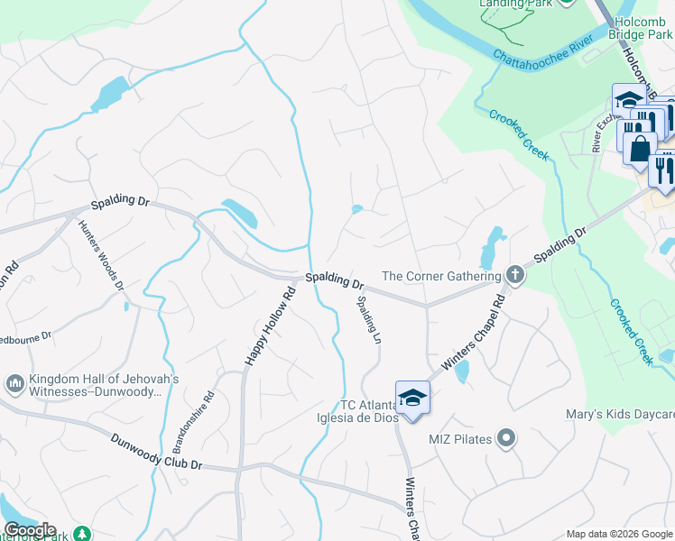 map of restaurants, bars, coffee shops, grocery stores, and more near 4040 Spalding Drive in Atlanta