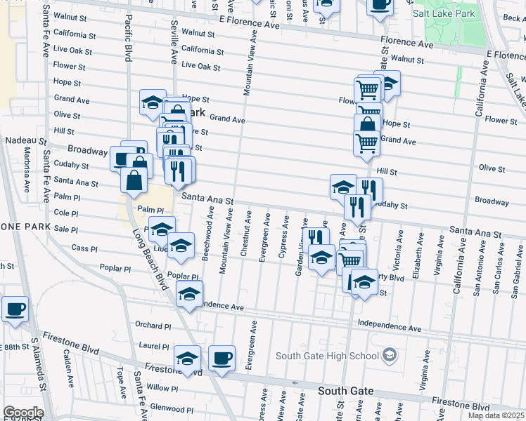 map of restaurants, bars, coffee shops, grocery stores, and more near 3006 Cudahy Street in Huntington Park