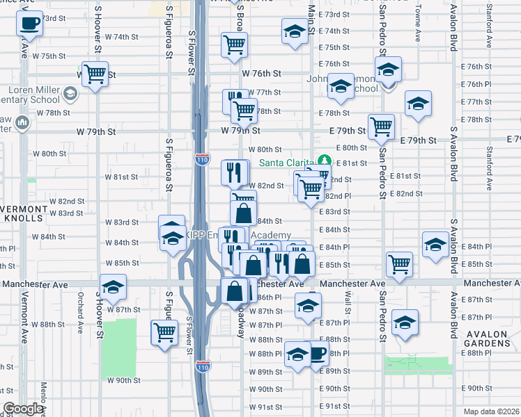 map of restaurants, bars, coffee shops, grocery stores, and more near 209 West 83rd Street in Los Angeles