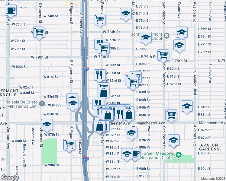 map of restaurants, bars, coffee shops, grocery stores, and more near 218 West 83rd Street in Los Angeles