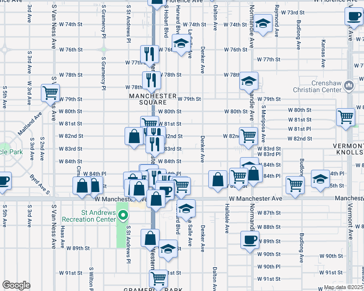 map of restaurants, bars, coffee shops, grocery stores, and more near 1653 West 83rd Street in Los Angeles