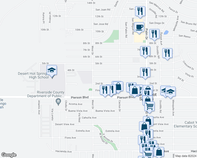 map of restaurants, bars, coffee shops, grocery stores, and more near 66032 3rd Street in Desert Hot Springs