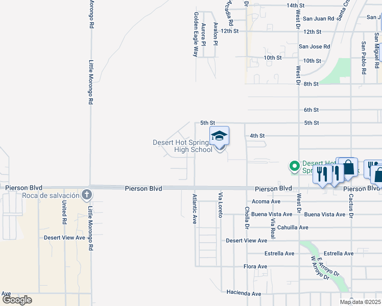 map of restaurants, bars, coffee shops, grocery stores, and more near 65850 Pierson Boulevard in Desert Hot Springs