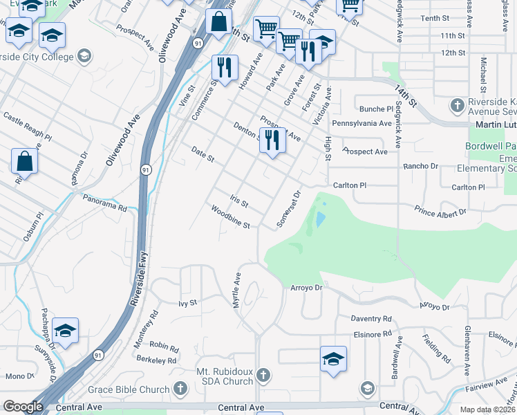 map of restaurants, bars, coffee shops, grocery stores, and more near 2750 Date Street in Riverside