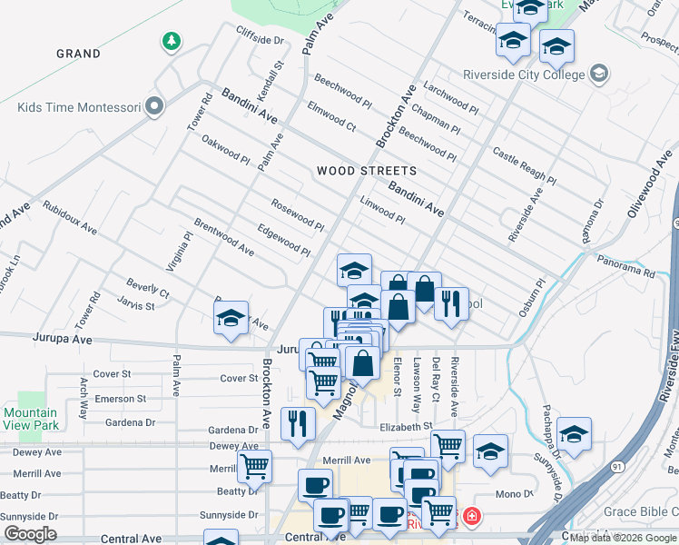 map of restaurants, bars, coffee shops, grocery stores, and more near 4032 Rosewood Place in Riverside