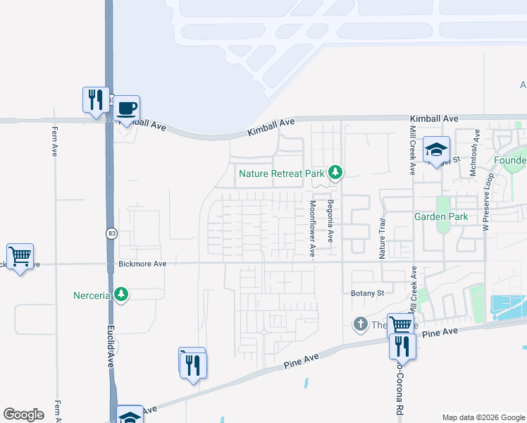 map of restaurants, bars, coffee shops, grocery stores, and more near 7464 Shorthorn Street in Chino