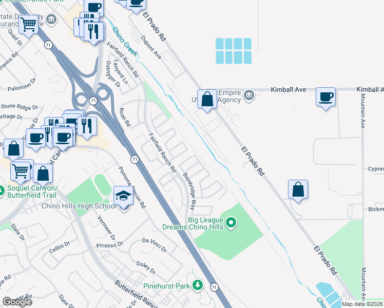 map of restaurants, bars, coffee shops, grocery stores, and more near 5683 Danville Court in Chino Hills