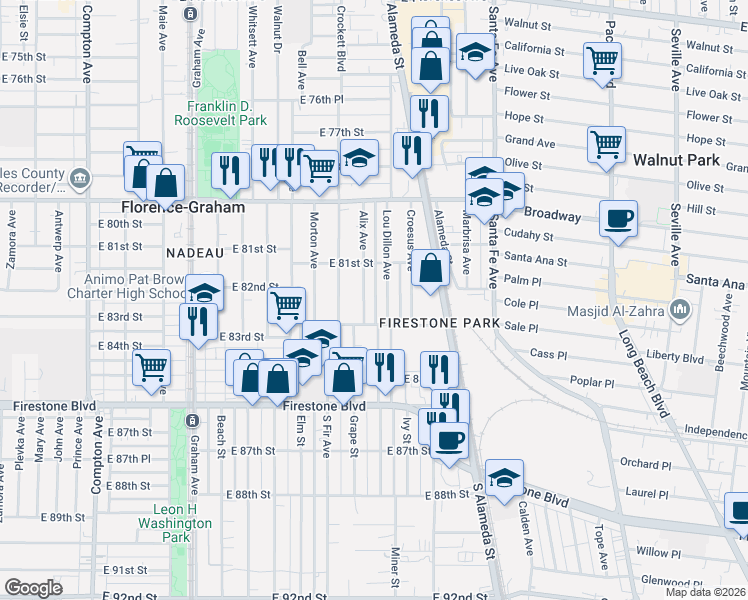 map of restaurants, bars, coffee shops, grocery stores, and more near 8129 Alix Avenue in Los Angeles