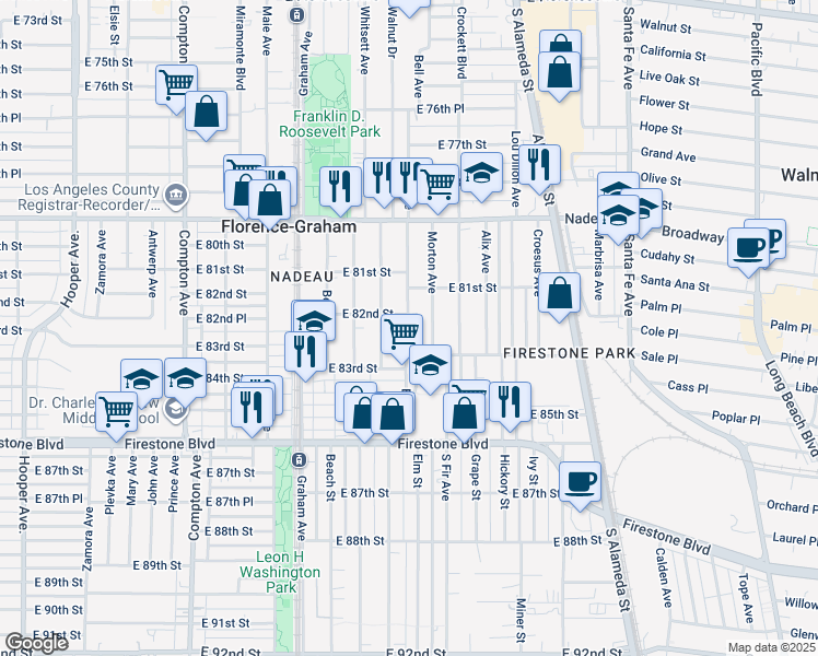 map of restaurants, bars, coffee shops, grocery stores, and more near 8143 Bell Avenue in Los Angeles