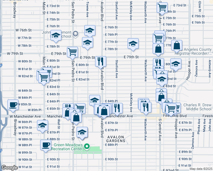 map of restaurants, bars, coffee shops, grocery stores, and more near 614 East 82nd Street in Los Angeles