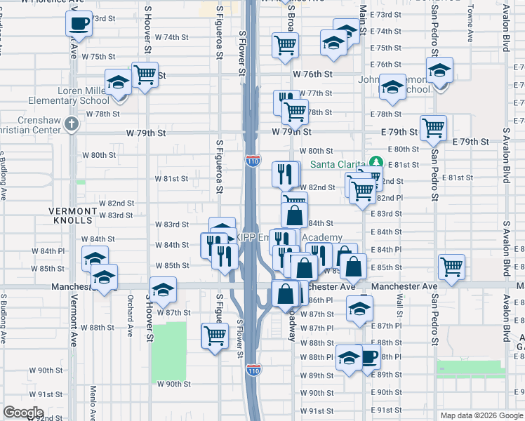 map of restaurants, bars, coffee shops, grocery stores, and more near 329 West 83rd Street in Los Angeles