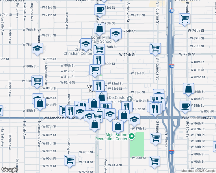 map of restaurants, bars, coffee shops, grocery stores, and more near 921 West 82nd Street in Los Angeles