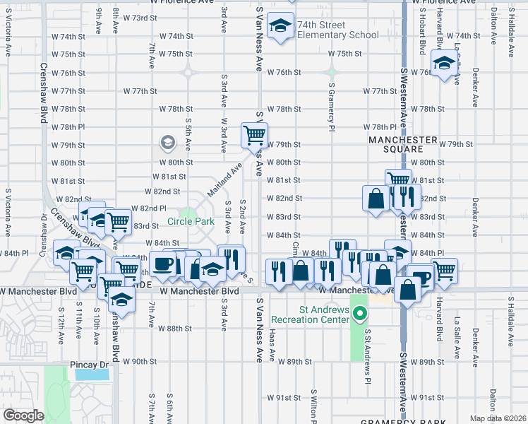 map of restaurants, bars, coffee shops, grocery stores, and more near 2140 West 82nd Street in Los Angeles