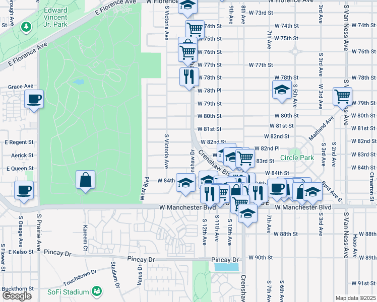 map of restaurants, bars, coffee shops, grocery stores, and more near in Inglewood