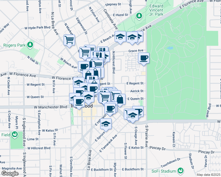 map of restaurants, bars, coffee shops, grocery stores, and more near in Inglewood
