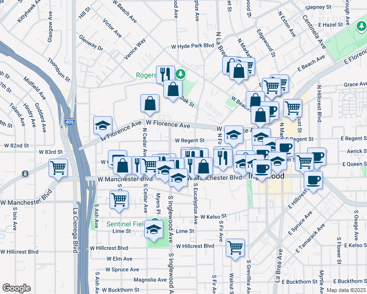 map of restaurants, bars, coffee shops, grocery stores, and more near 320 West Regent Street in Inglewood