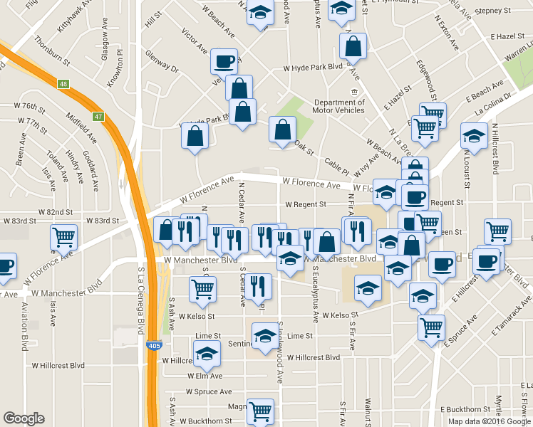 map of restaurants, bars, coffee shops, grocery stores, and more near 401 West Regent Street in Inglewood