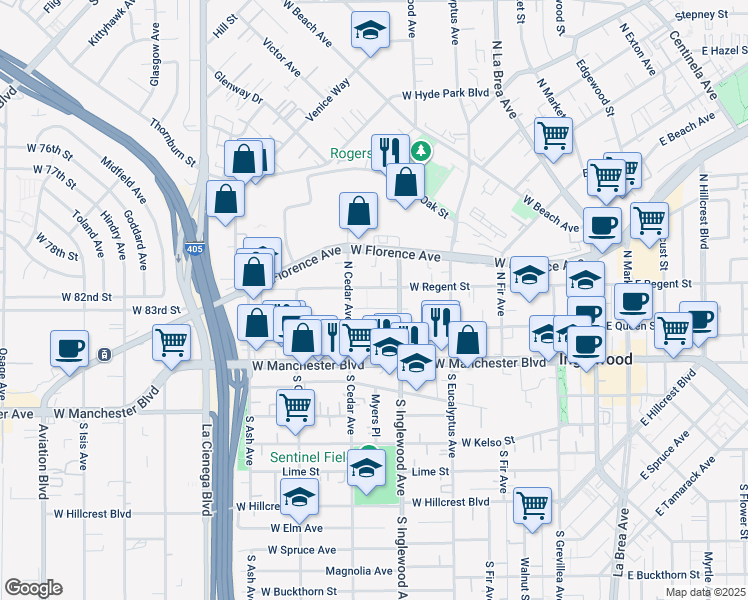 map of restaurants, bars, coffee shops, grocery stores, and more near 437 West Regent Street in Inglewood