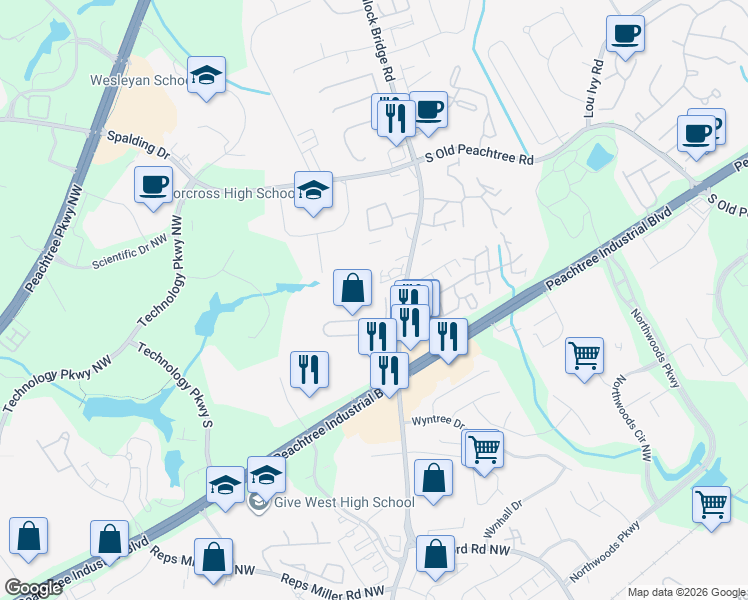 map of restaurants, bars, coffee shops, grocery stores, and more near 5203 Medlock Corners Drive in Norcross