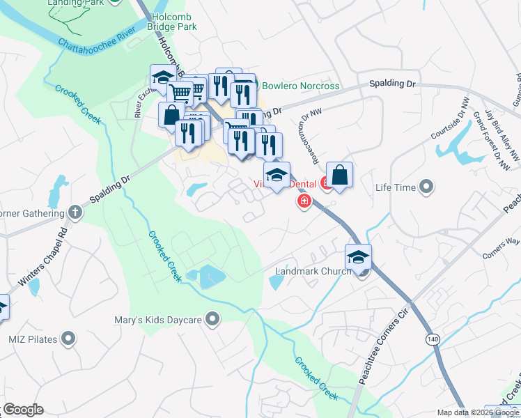 map of restaurants, bars, coffee shops, grocery stores, and more near 6203 Meadow Run Court in Norcross