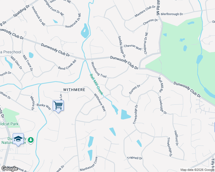 map of restaurants, bars, coffee shops, grocery stores, and more near 5674 Woodsong Drive in Dunwoody