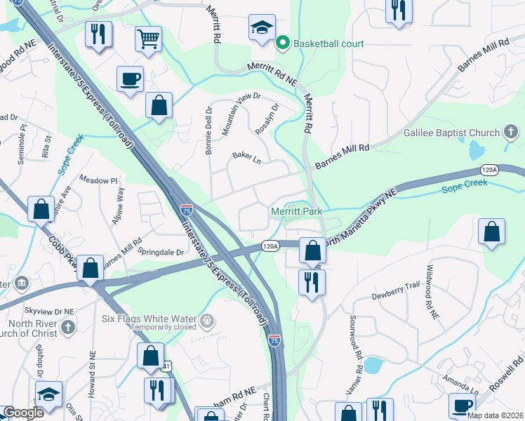 map of restaurants, bars, coffee shops, grocery stores, and more near 1224 Beech Street in Marietta