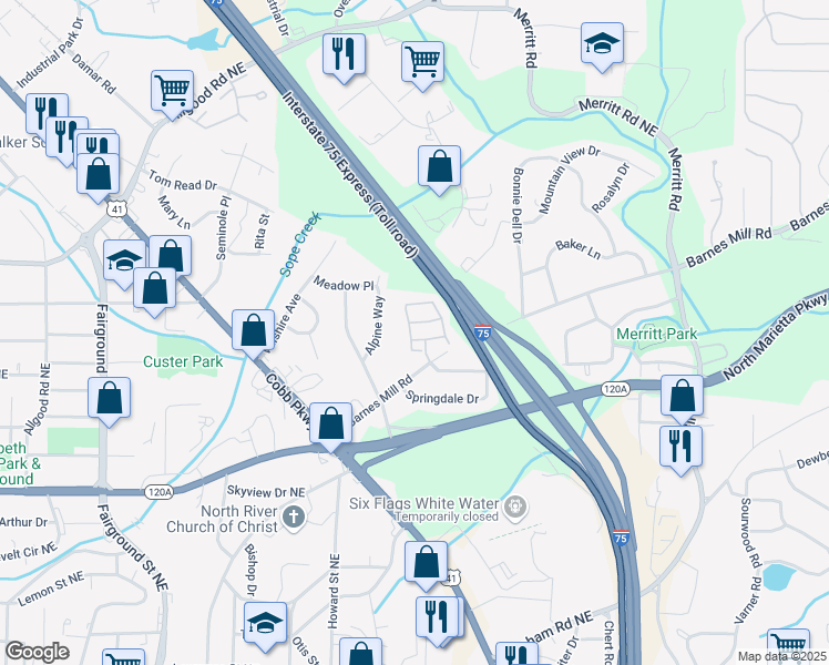 map of restaurants, bars, coffee shops, grocery stores, and more near 1101 Glenivy in Marietta